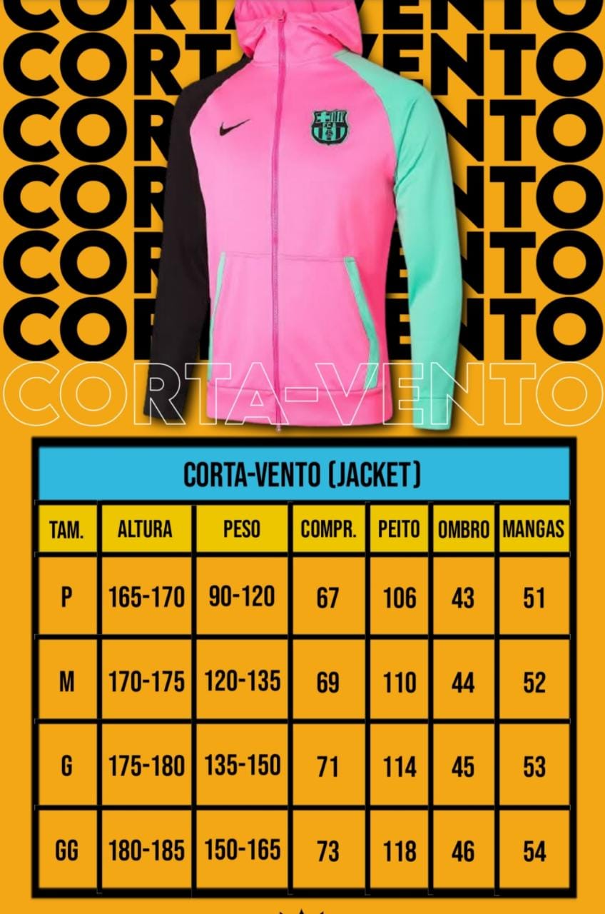 corta vento tamanho tabela